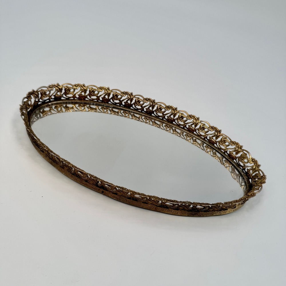 Vintage‎ 50s Oval Gold Gilt Metal Filigree Hollywood Regency Vanity Tray Mirror